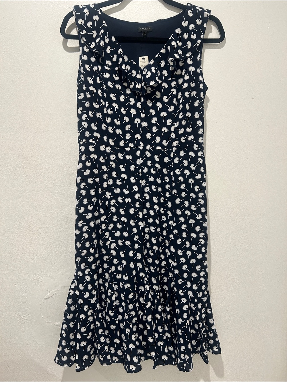 Talbots Navy and White Floral Ruffle Neck Casual Dress
